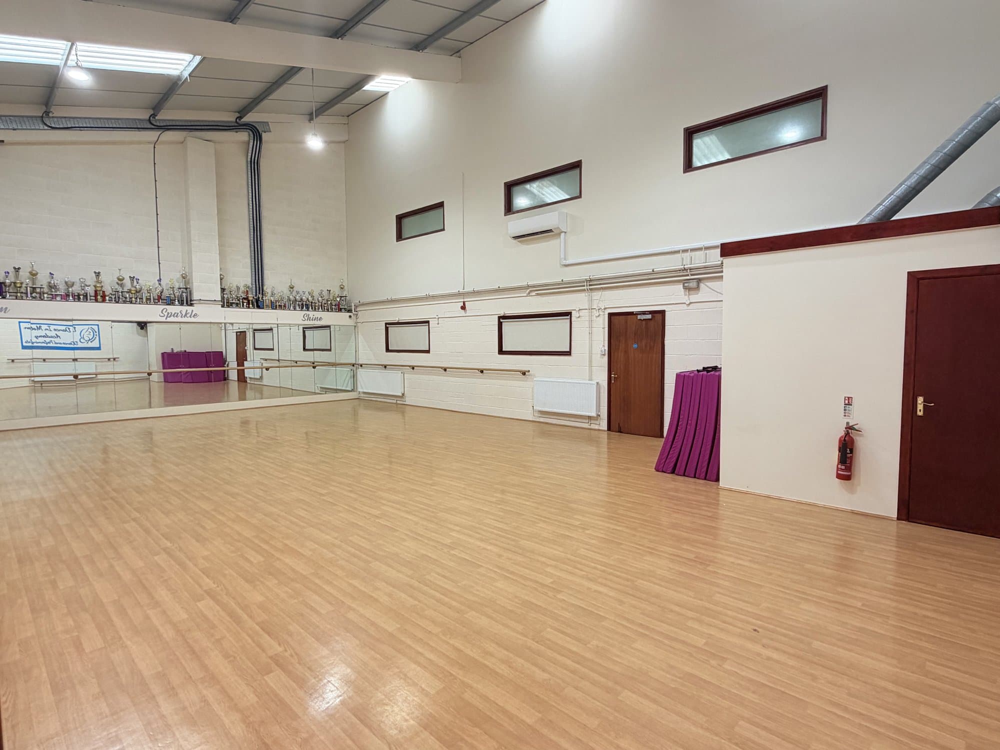 Studio 1 at Dance in Motion Academy with mirrors, ballet barres and a sprung floor